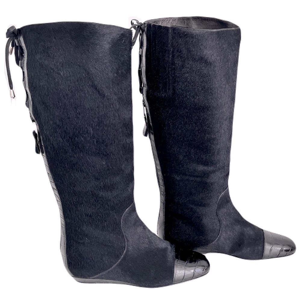 Migliorini Black Pony Hair Croc-Embossed Leather Corset-Back Boots, Size 7.5